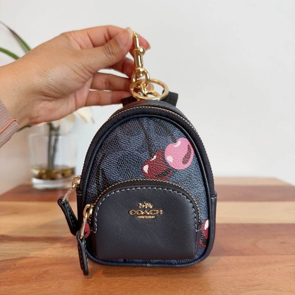 NWT‎ Coach Mini Court Backpack Bag Charm In Signature Canvas With Cherry Print